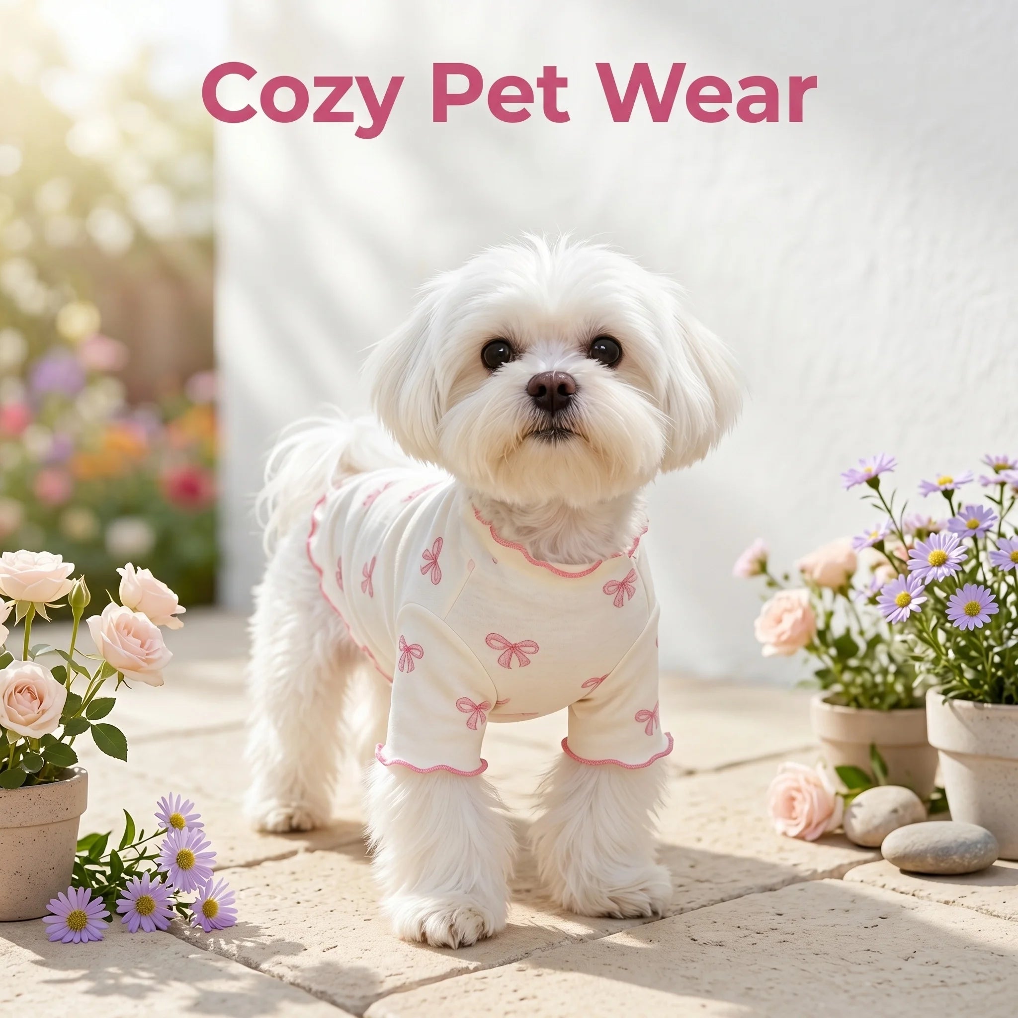 Pet Dog Cat Sweater Knit Allover Print Pink Bow Tie Clothes