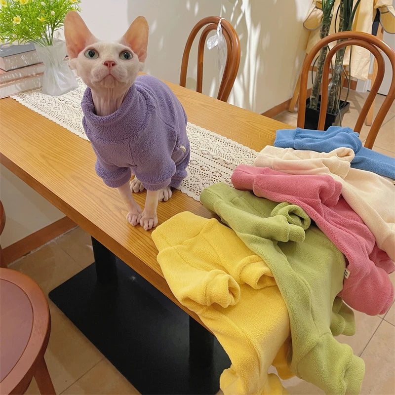 Fleece Cat Jumpsuit Warm 4 Legged Sphynx Devon Rex Pet Sweater