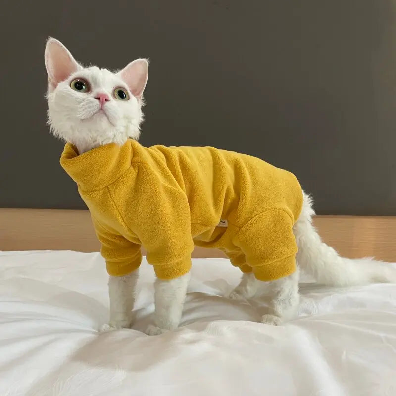 Fleece Cat Jumpsuit Warm 4 Legged Sphynx Devon Rex Pet Sweater
