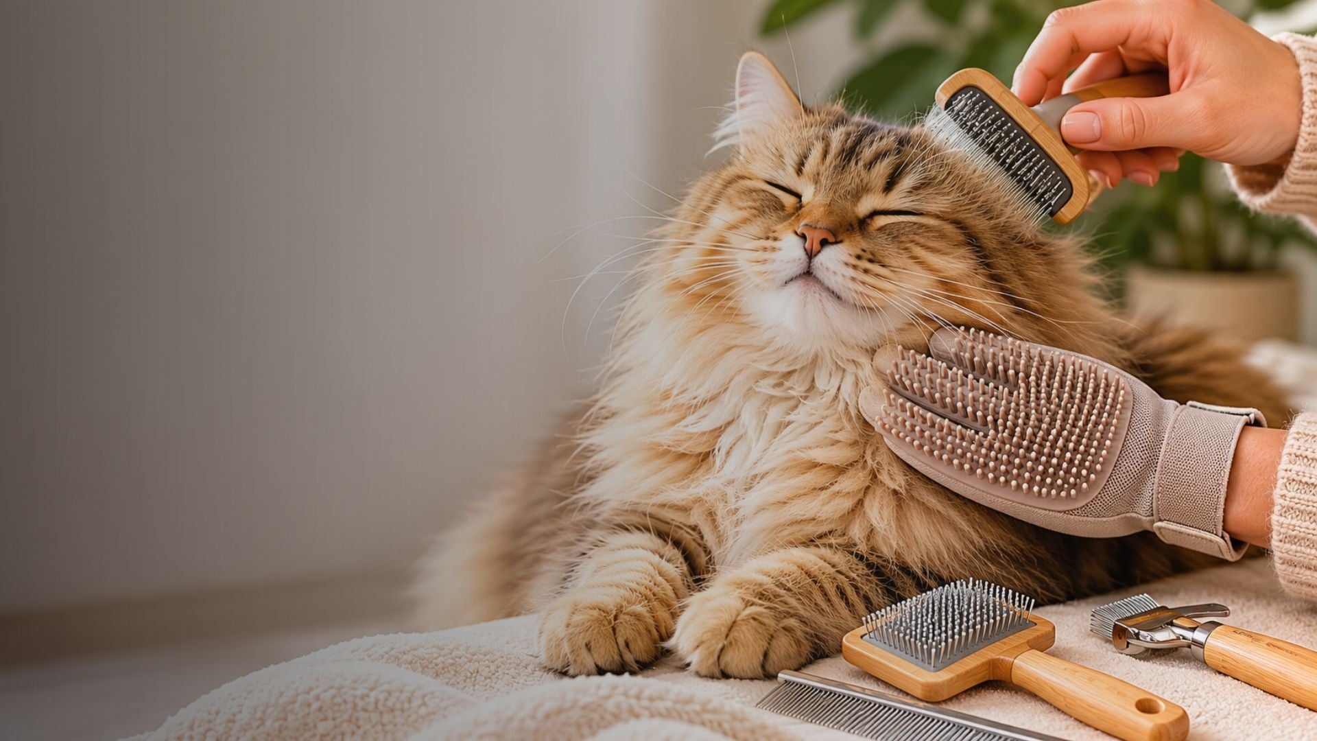 Cat being groomed with a brush by a person indoors