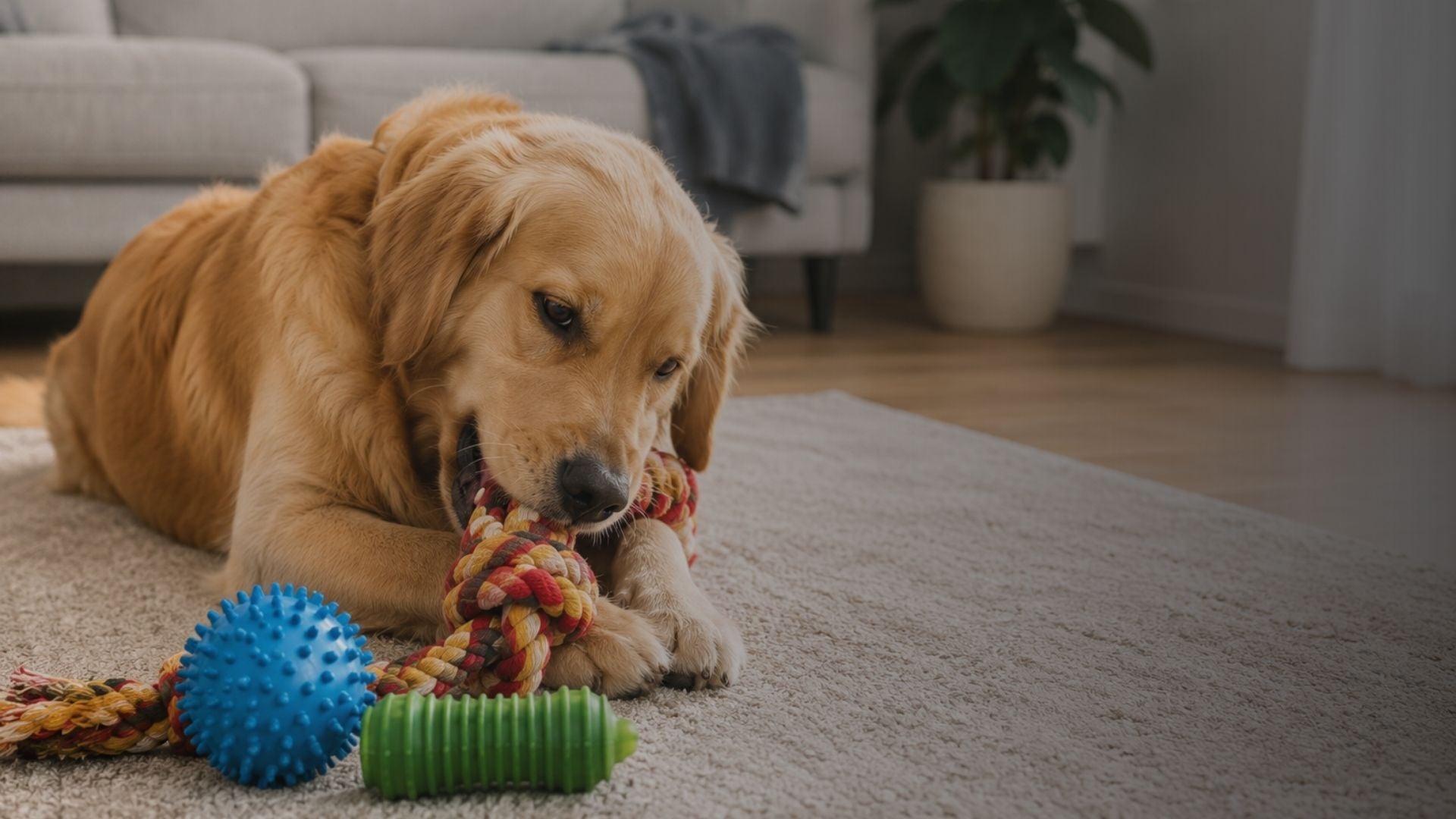 Dog playing with a chew toy on a carpeted floor in a living room.